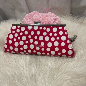 Neiman Marcus pink white Polka clutch purse